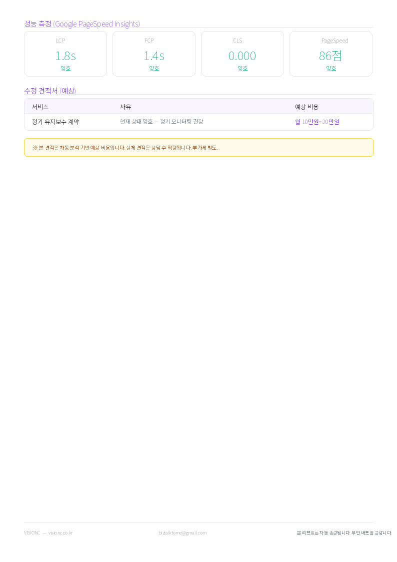 웹 보안 진단 리포트 3페이지 — 성능 측정 및 수정 견적